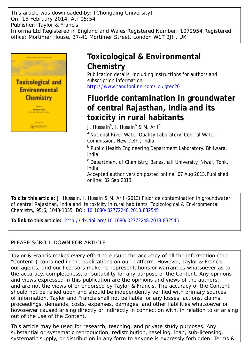 Fluoride contamination in groundwater of central Rajasthan, India and its toxicity in rural habitants by J. Hussain & I. Husain & M. Arif