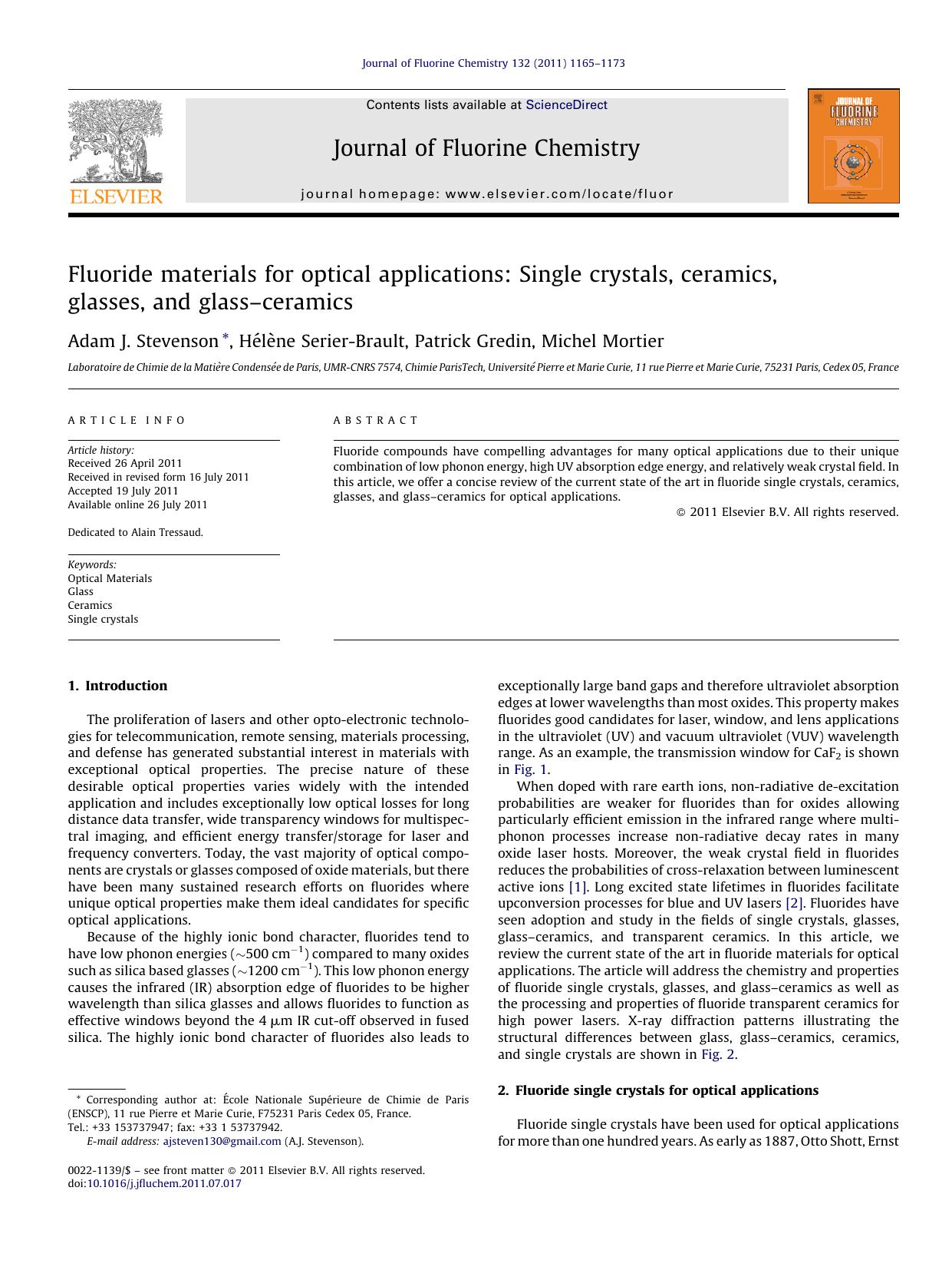 Fluoride materials for optical applications: Single crystals, ceramics, glasses, and glassÃ¢â¬âceramics by Adam J. Stevenson