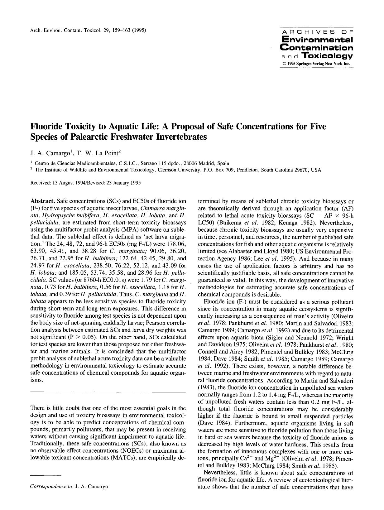 Fluoride toxicity to aquatic life: A proposal of safe concentrations for five species of palearctic freshwater invertebrates by Unknown