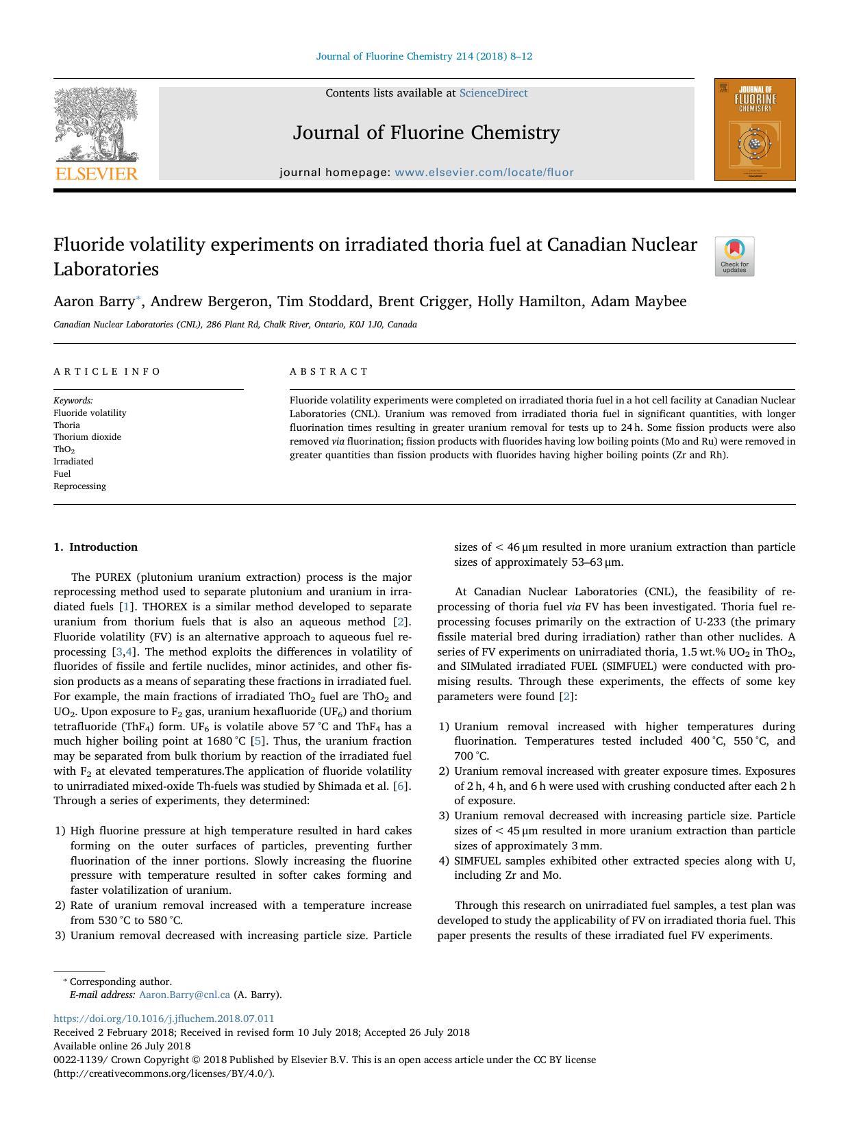 Fluoride volatility experiments on irradiated thoria fuel at Canadian Nuclear Laboratories by Aaron Barry & Andrew Bergeron & Tim Stoddard & Brent Crigger & Holly Hamilton & Adam Maybee