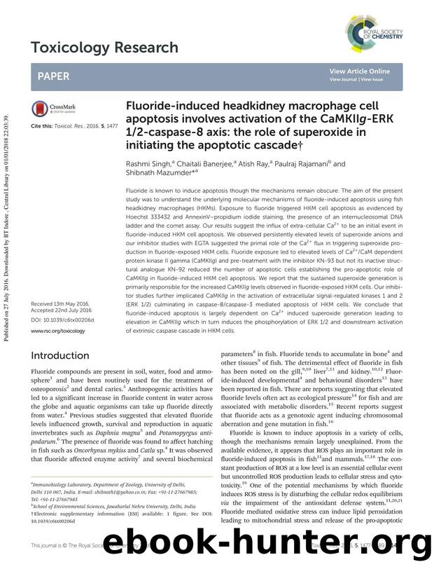 Fluoride-induced headkidney macrophage cell apoptosis involves activation of the CaMKIIg-ERK 12-caspase-8 axis: the role of superoxide in initiating the apoptotic cascade by Rashmi Singh Chaitali Banerjee Atish Ray Paulraj Rajamani Shibnath Mazumder