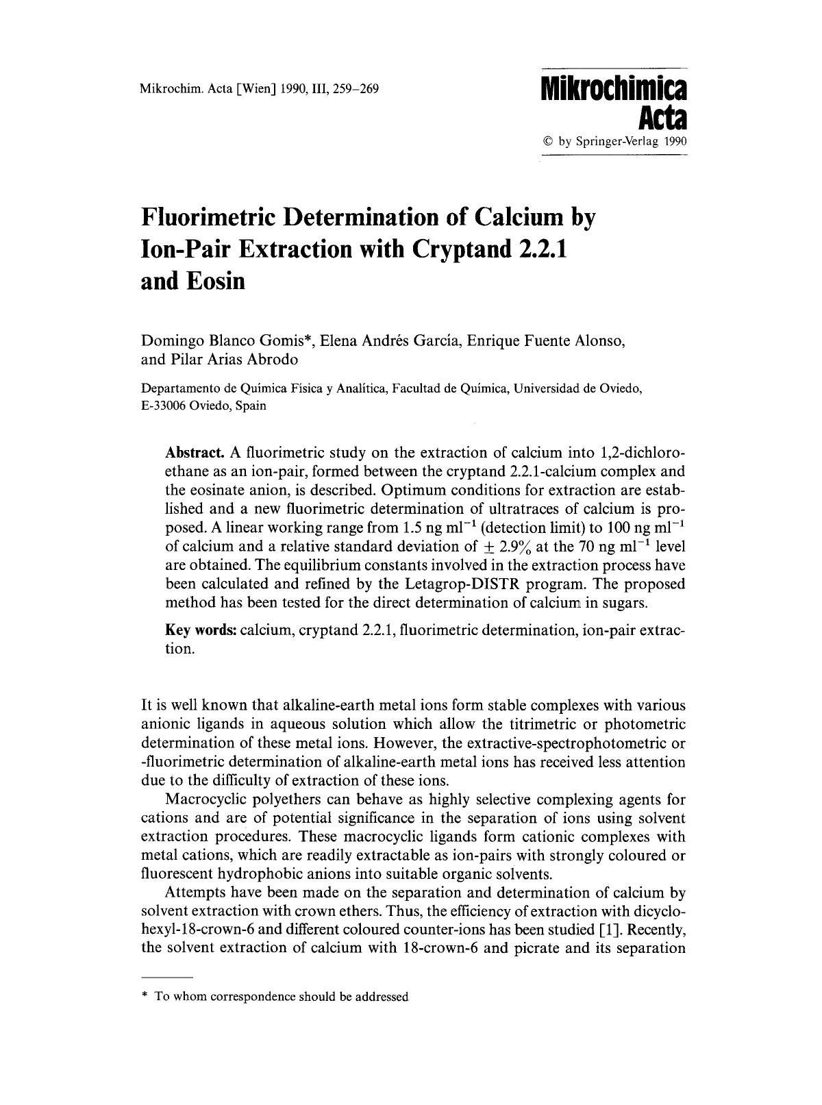 Fluorimetric determination of calcium by ion-pair extraction with cryptand 2.2.1 and eosin by Unknown