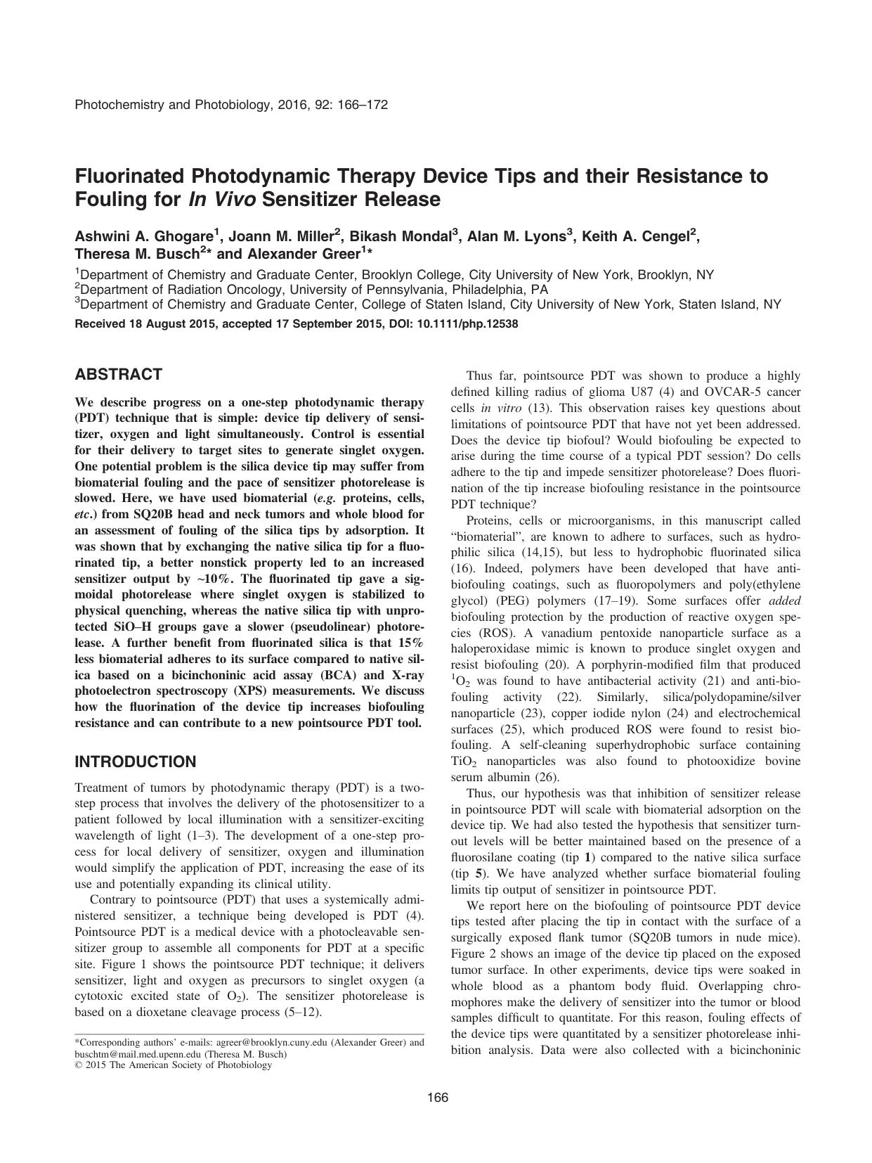 Fluorinated Photodynamic Therapy Device Tips and their Resistance to Fouling for In Vivo Sensitizer Release by Unknown