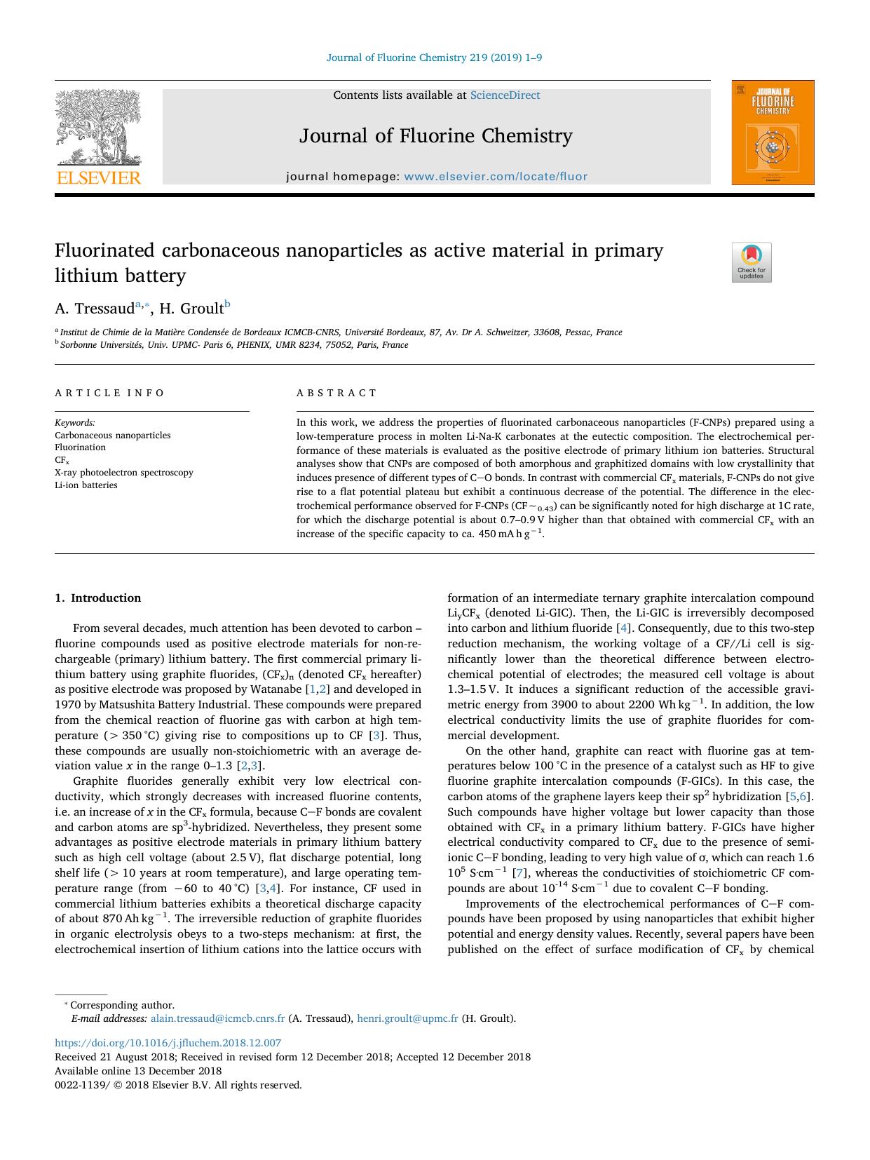 Fluorinated carbonaceous nanoparticles as active material in primary lithium battery by A. Tressaud & H. Groult