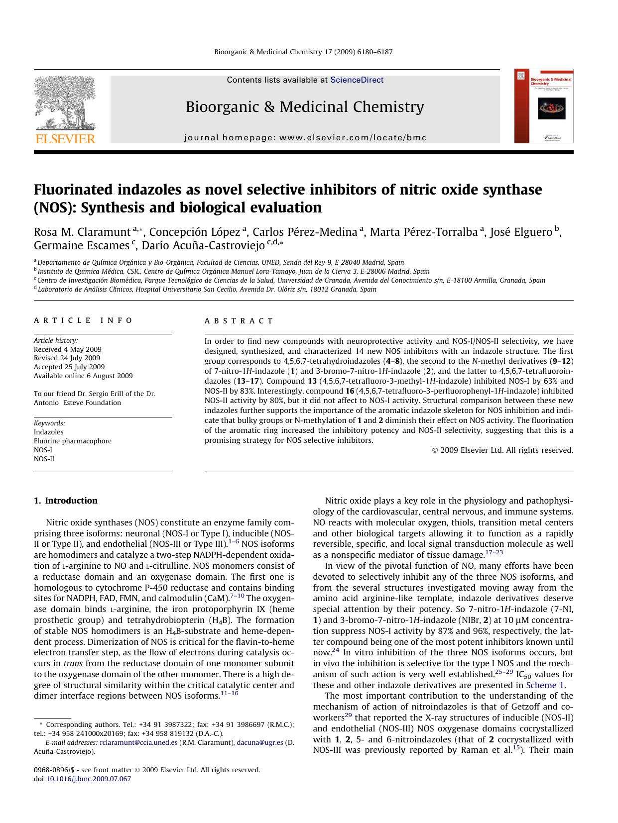 Fluorinated indazoles as novel selective inhibitors of nitric oxide synthase (NOS): Synthesis and biological evaluation by unknow