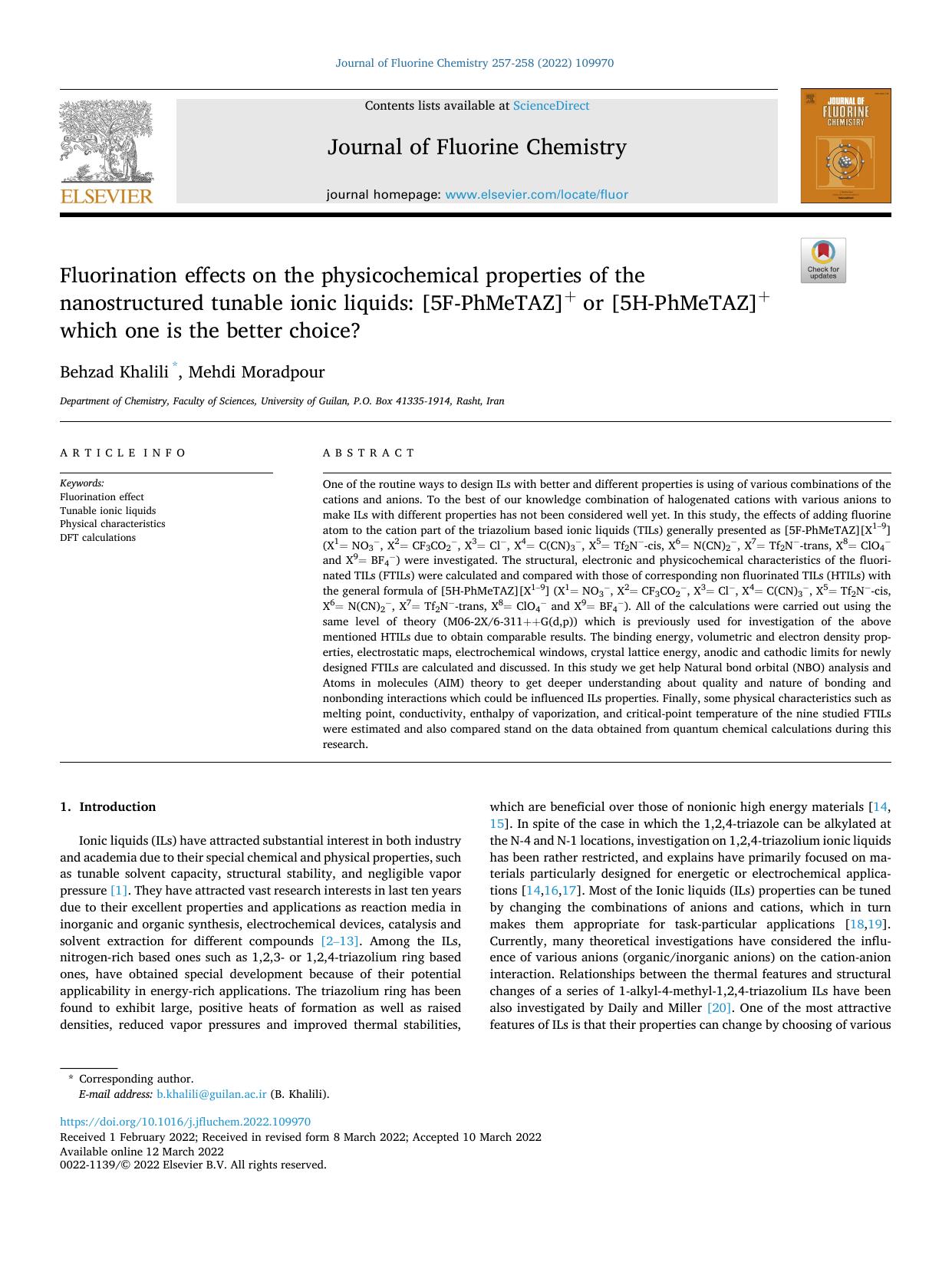 Fluorination effects on the physicochemical properties of the nanostructured tunable ionic liquids: [5F-PhMeTAZ]+ or [5H-PhMeTAZ]+ which one is the better choice? by Behzad Khalili & Mehdi Moradpour