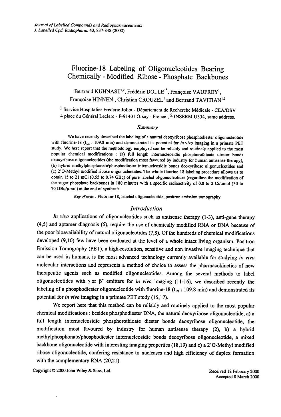 Fluorine-18 labeling of oligonucleotides bearing chemically - modified ribose - phosphate backbones by Unknown