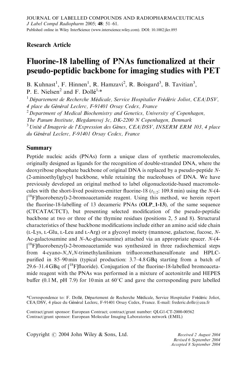 Fluorine-18 labelling of PNAs functionalized at their pseudo-peptidic backbone for imaging studies with PET by Unknown