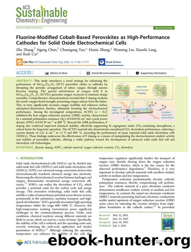Fluorine-Modified Cobalt-Based Perovskites as High-Performance Cathodes for Solid Oxide Electrochemical Cells by Zhe Zhang Sigeng Chen Chuangang Yao Haixia Zhang Wanning Liu Xiaoshi Lang and Kedi Cai