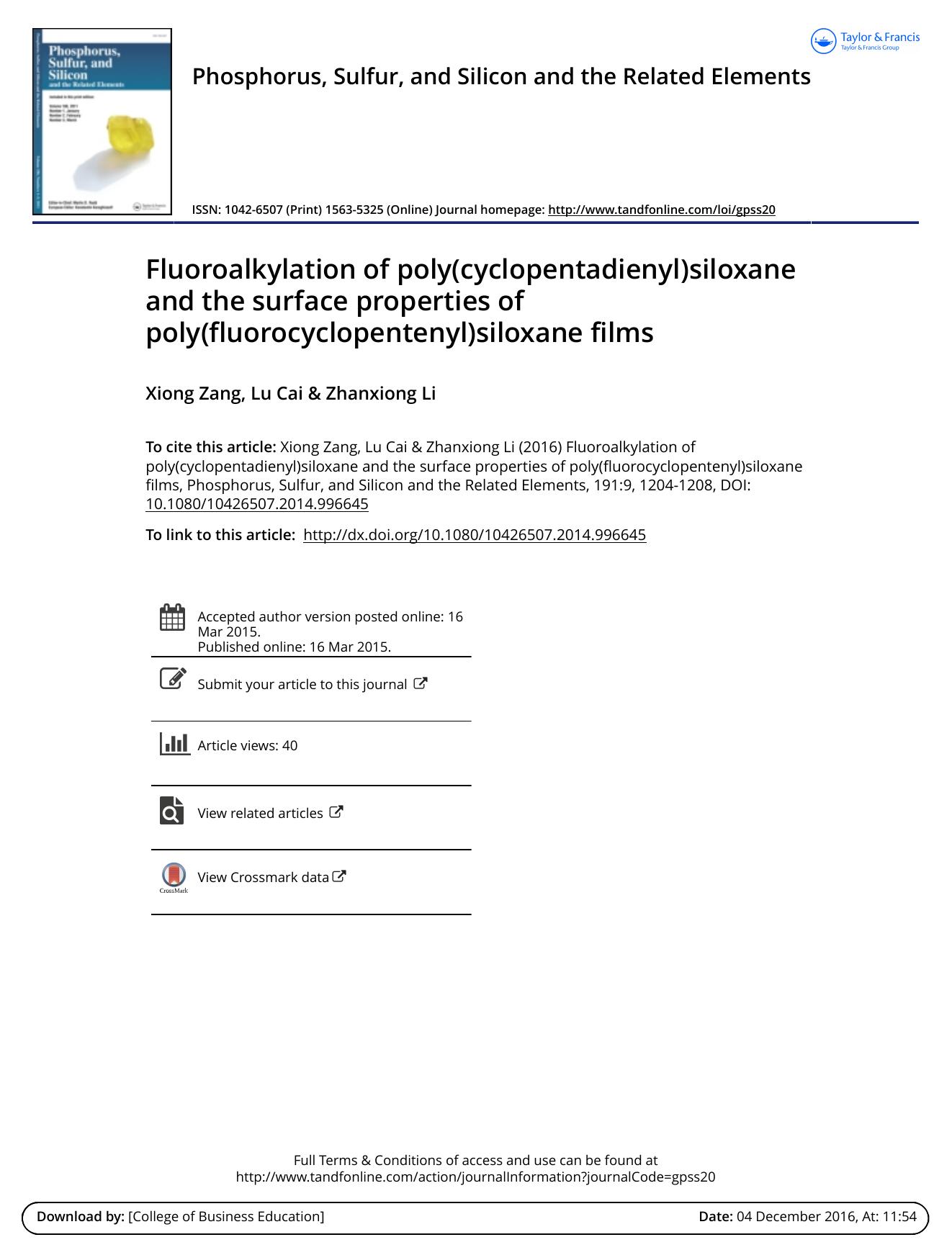 Fluoroalkylation of poly(cyclopentadienyl)siloxane and the surface properties of poly(fluorocyclopentenyl)siloxane films by Xiong Zang & Lu Cai & Zhanxiong Li