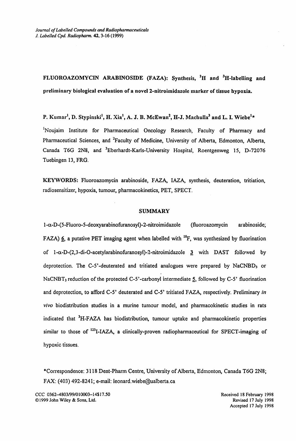 Fluoroazomycin arabinoside (FAZA): synthesis, 2H and 3H-labelling and preliminary biological evaluation of a novel 2-nitroimidazole marker of tissue hypoxia by Unknown