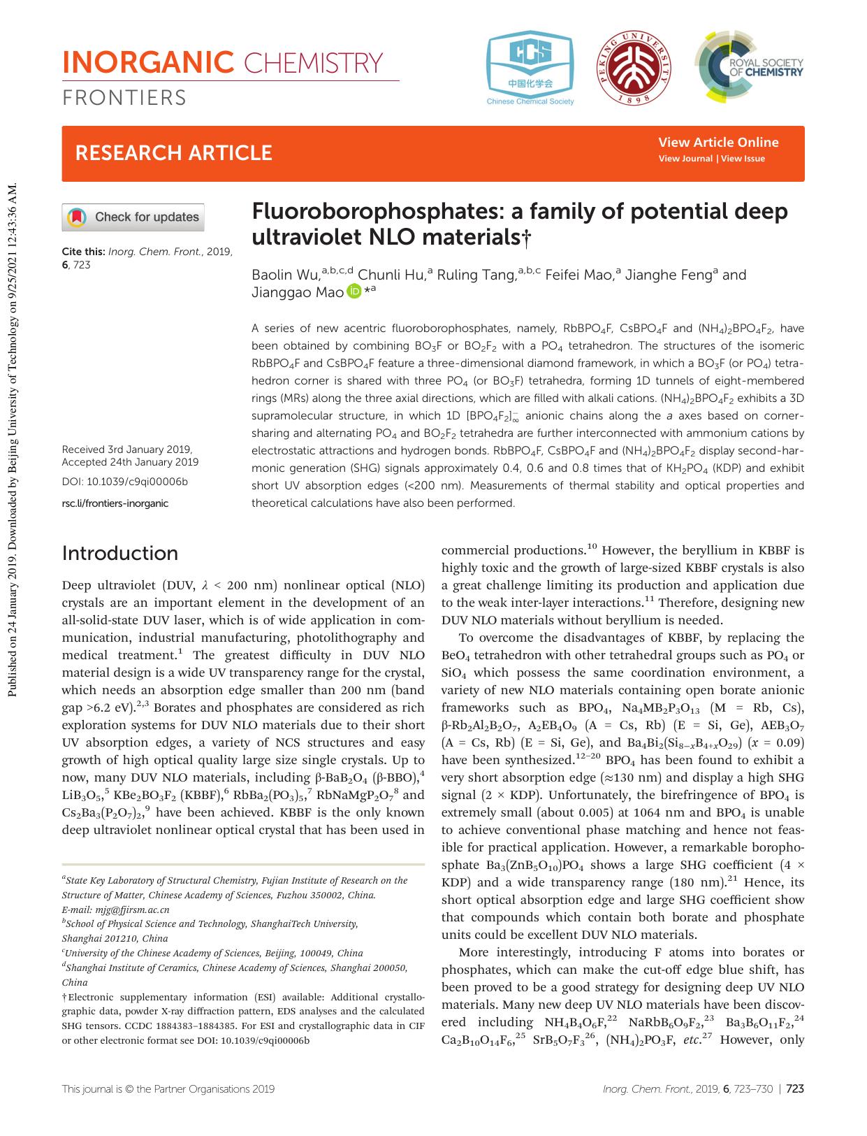 Fluoroborophosphates: a family of potential deep ultraviolet NLO materials by Baolin Wu Chunli Hu Ruling Tang Feifei Mao Jianghe Feng Jianggao Mao