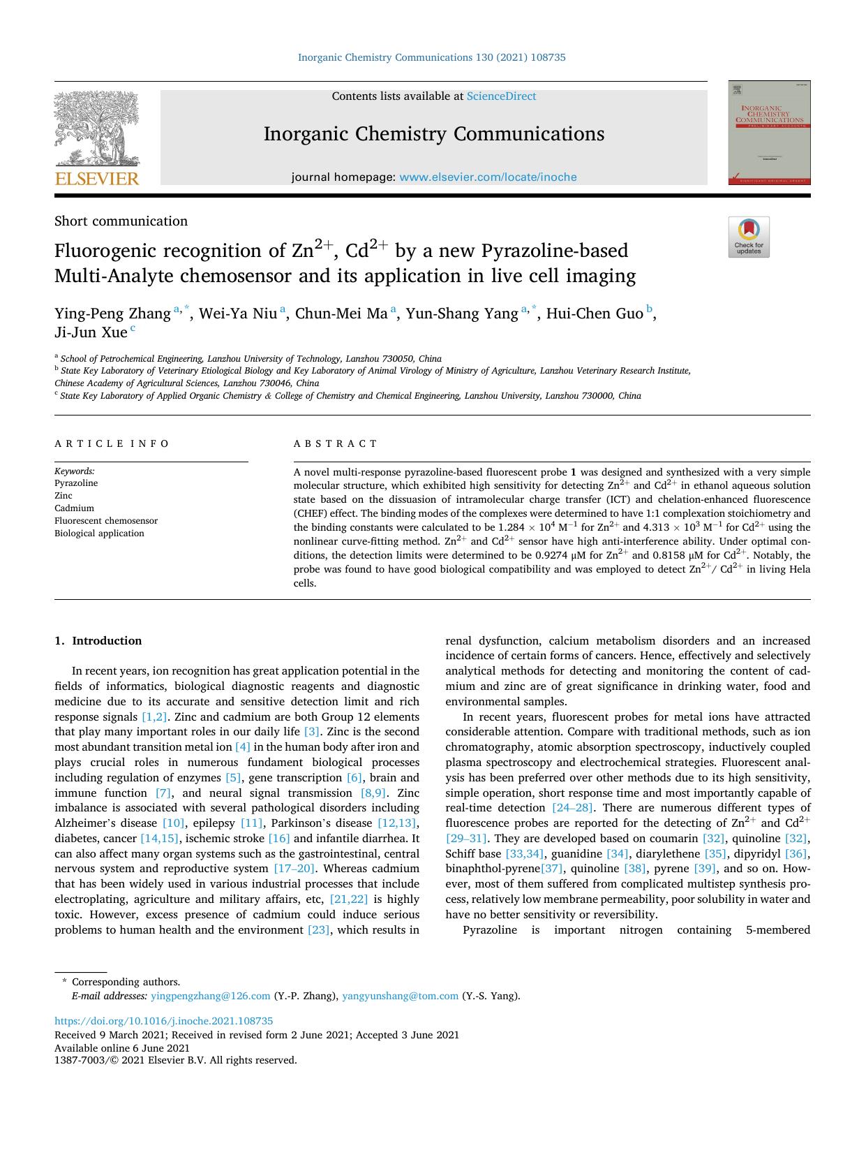 Fluorogenic recognition of Zn2+, Cd2+ by a new Pyrazoline-based Multi-Analyte chemosensor and its application in live cell imaging by Ying-Peng Zhang
