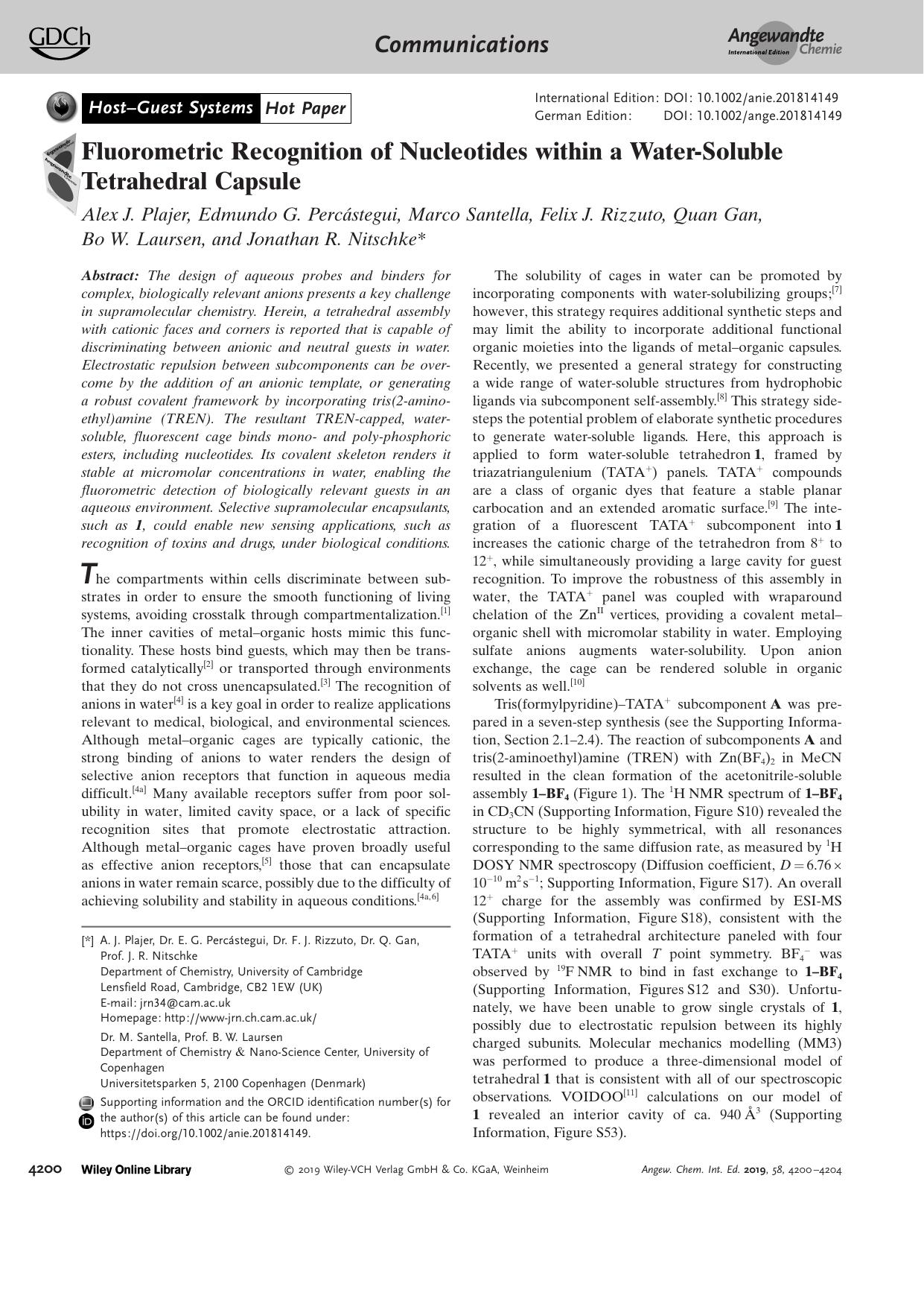 Fluorometric Recognition of Nucleotides within a WaterâSoluble Tetrahedral Capsule by Unknown