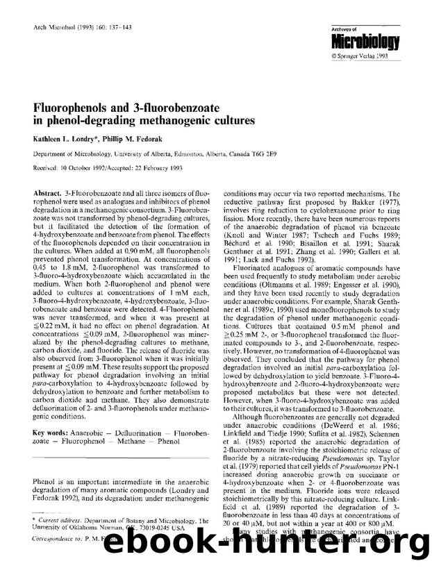 Fluorophenols and 3-fluorobenzoate in phenol-degrading methanogenic cultures by Unknown