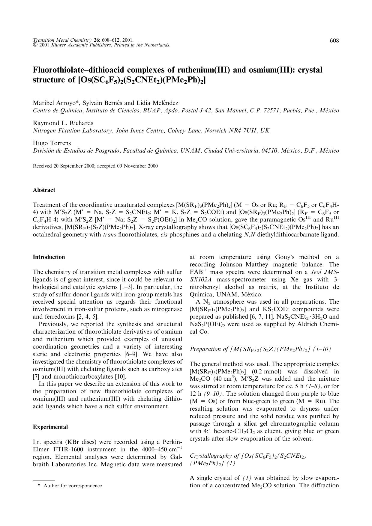 Fluorothiolate–dithioacid complexes of ruthenium(III) and osmium(III): crystal structure of [Os(SC6F5)2(S2CNEt2)(PMe2Ph)2] by Unknown