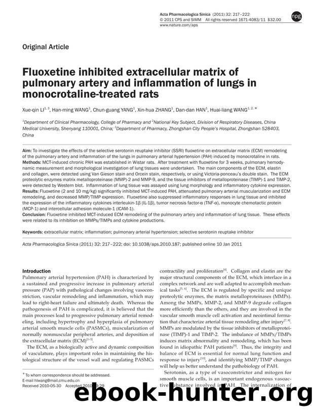 Fluoxetine inhibited extracellular matrix of pulmonary artery and inflammation of lungs in monocrotaline-treated rats by Xue-qin Li & Han-ming Wang & Chun-guang Yang & Xin-hua Zhang & Dan-dan Han & Huai-liang Wang