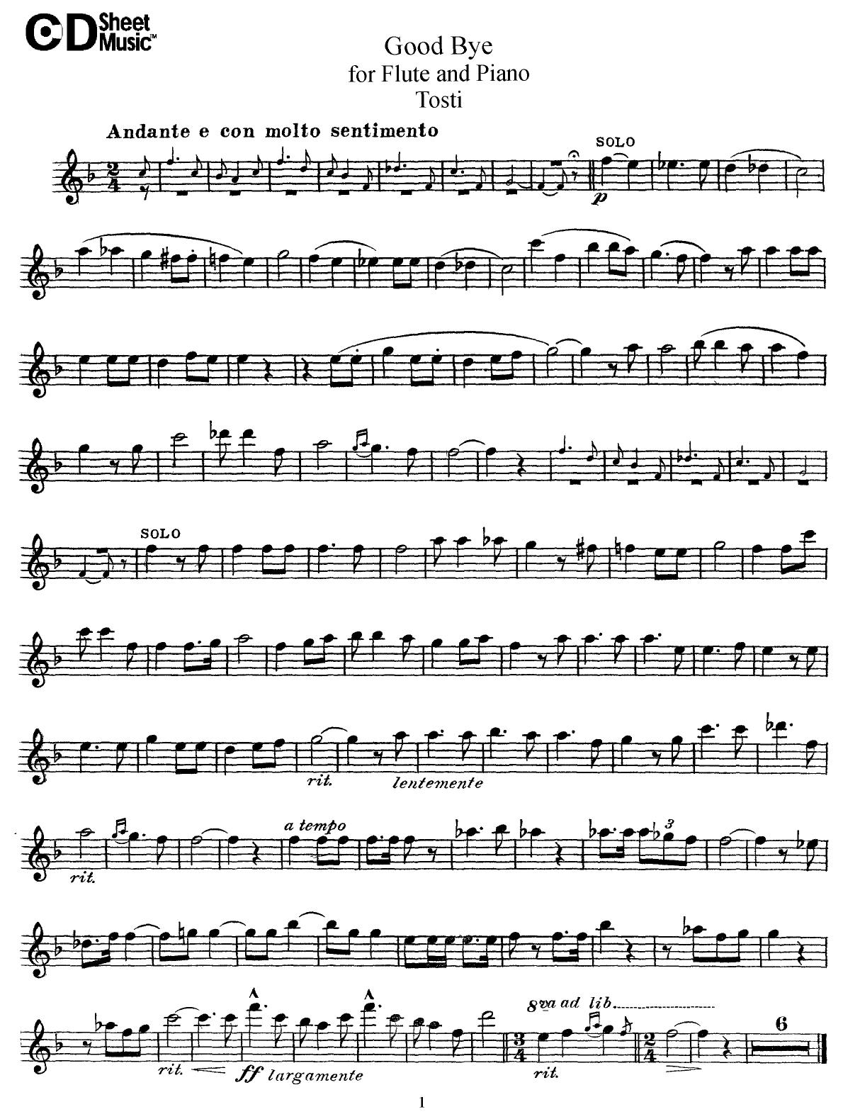 Flute Solos: Tosti - Part by WBaxley Music Subito Music Corp & Stephens Pub. Co