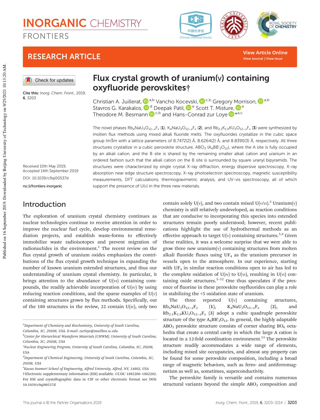 Flux crystal growth of uranium(V) containing oxyfluoride perovskites by unknow