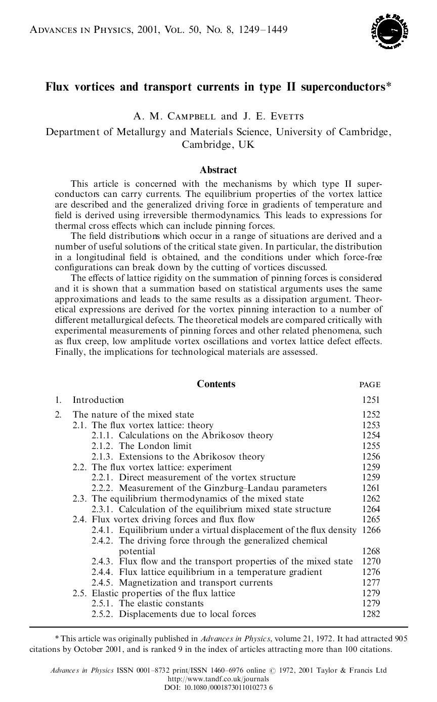 Flux vortices and transport currents in type II superconductors by Campbell A.M. Evetts J.E