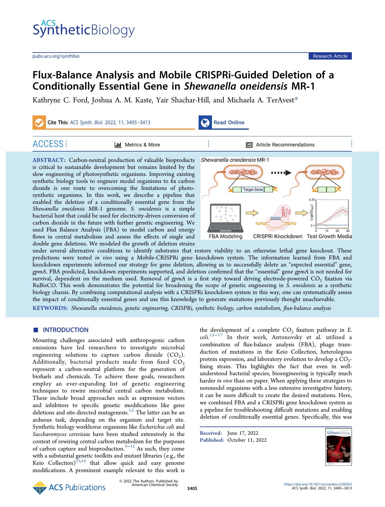 Flux-Balance Analysis and Mobile CRISPRi-Guided Deletion of a Conditionally Essential Gene in Shewanella oneidensis MR-1 by Kathryne C. Ford Joshua A. M. Kaste Yair Shachar-Hill and Michaela A. TerAvest