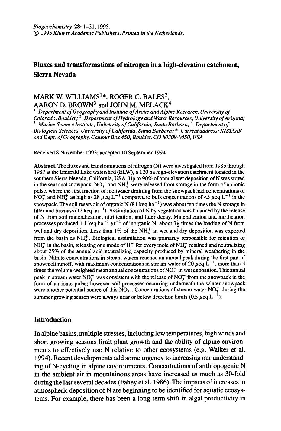 Fluxes and transformations of nitrogen in a high-elevation catchment, Sierra Nevada by Unknown