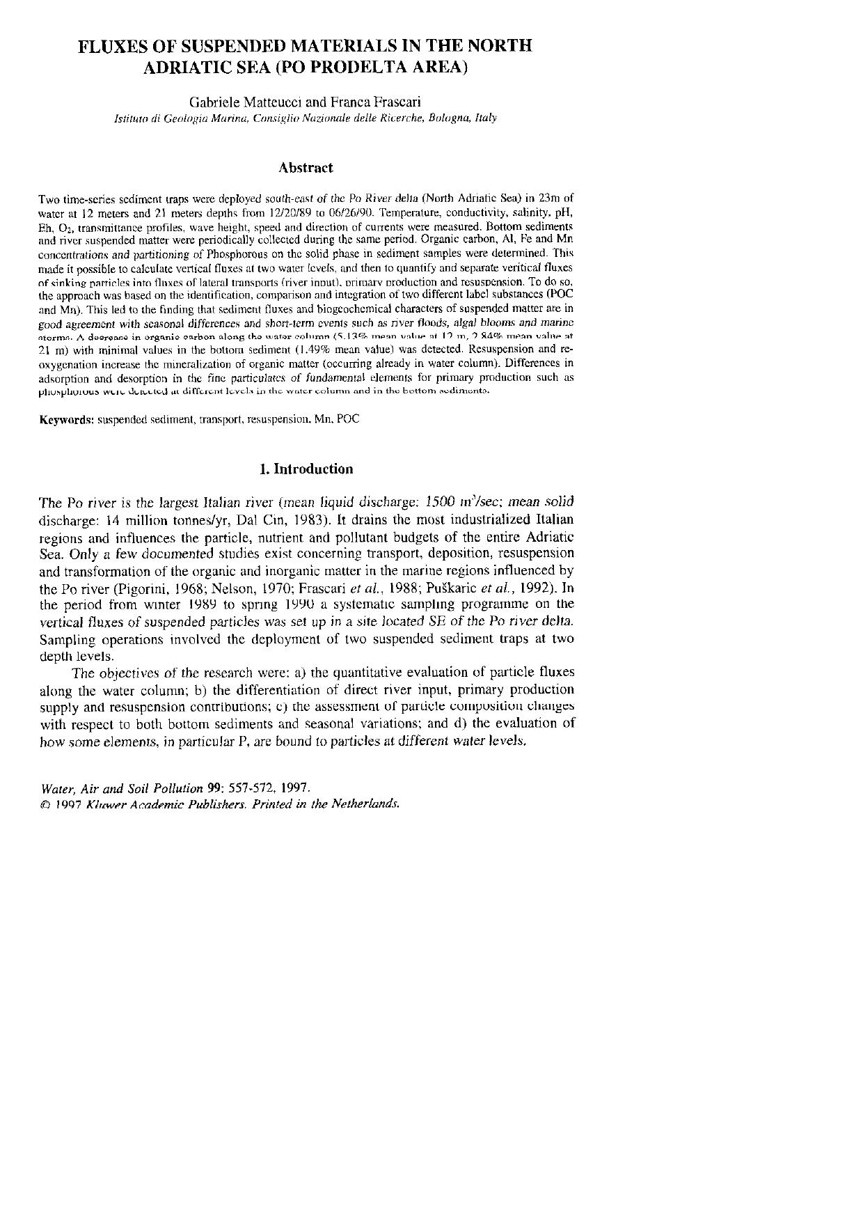 Fluxes of Suspended Materials in the North Adriatic Sea (PO Prodelta Area) by Unknown