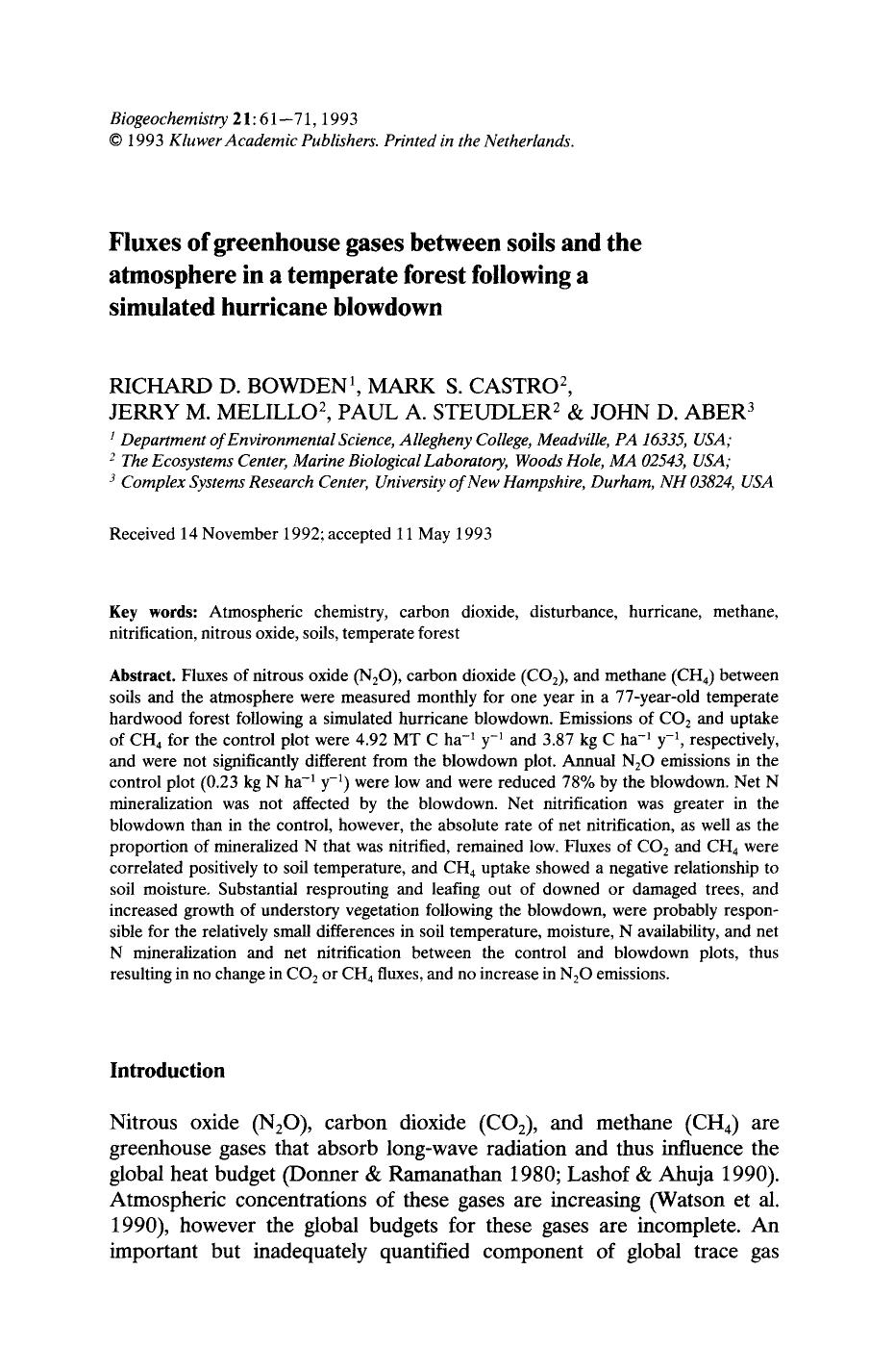 Fluxes of greenhouse gases between soils and the atmosphere in a temperate forest following a simulated hurricane blowdown by Unknown