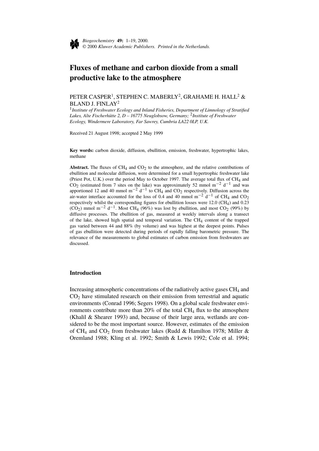 Fluxes of methane and carbon dioxide from a small productive lake to the atmosphere by Unknown