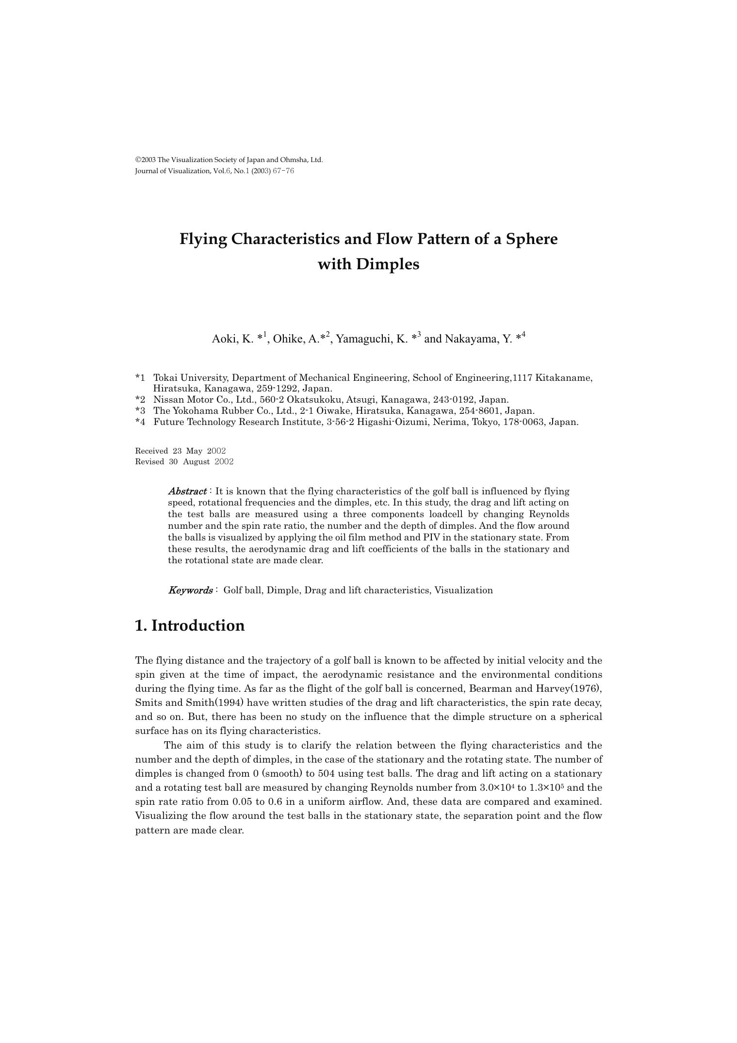 Flying characteristics and flow pattern of a sphere with dimples by Unknown