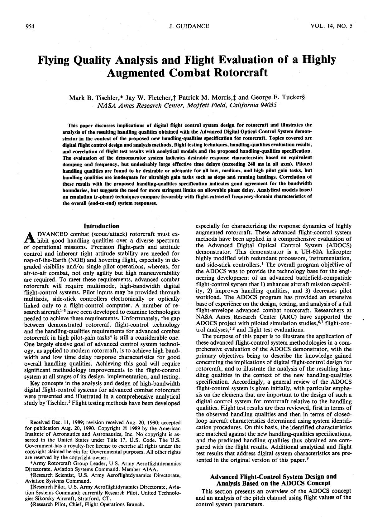 Flying quality analysis and flight evaluation of a highly augmented combat rotorcraft by Unknown