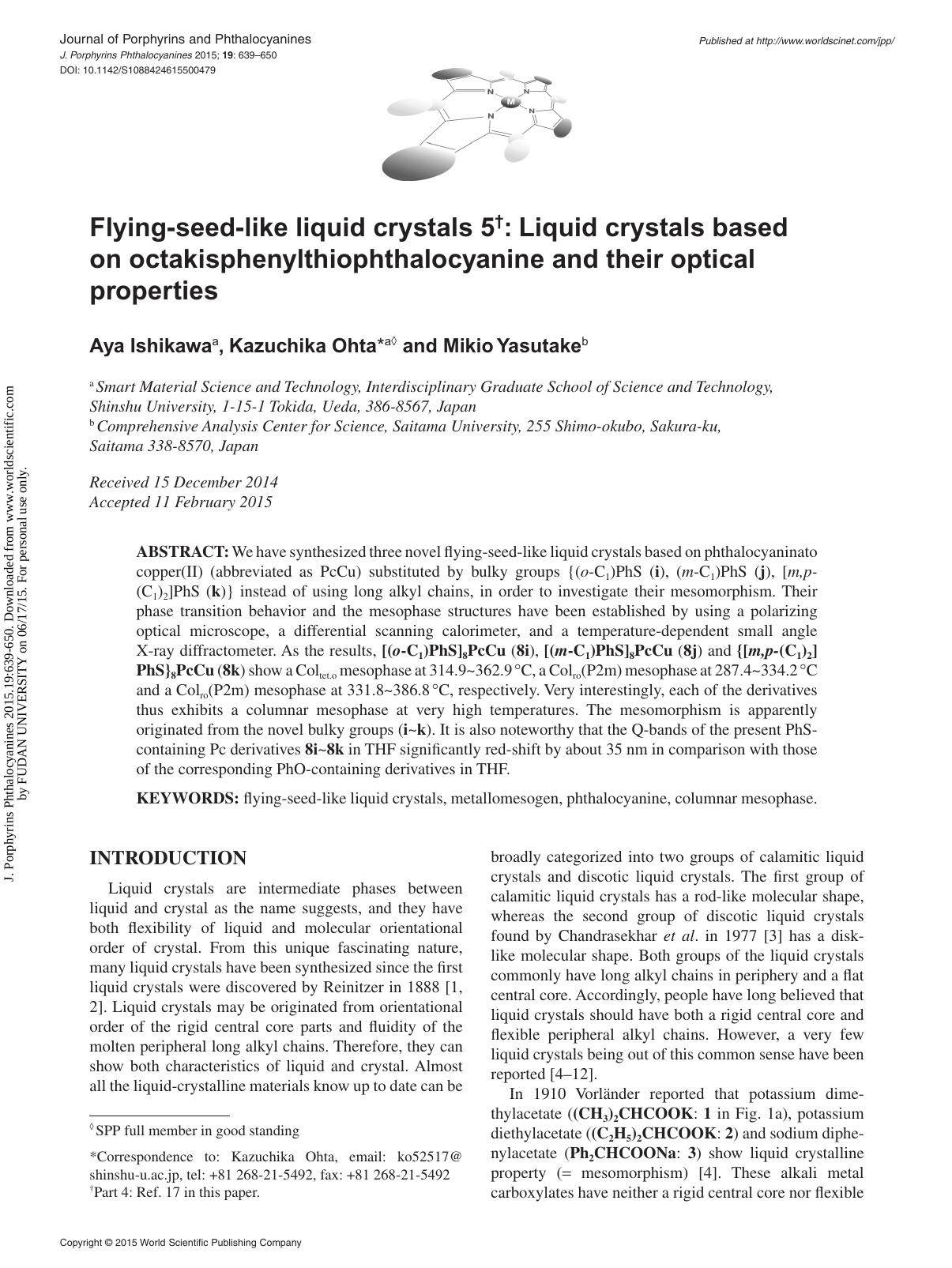 Flying-seed-like liquid crystals 5: Liquid crystals based on octakisphenylthiophthalocyanine and their optical properties by Aya Ishikawa Kazuchika Ohta & Mikio Yasutake
