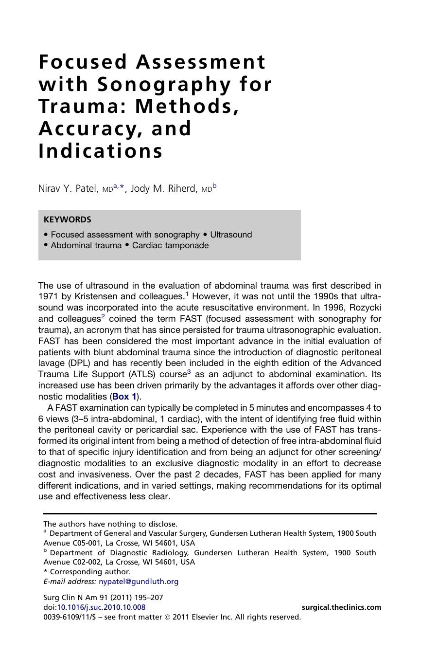Focused Assessment with Sonography for Trauma: Methods, Accuracy, and Indications by Nirav Y. Patel MD & Jody M. Riherd MD