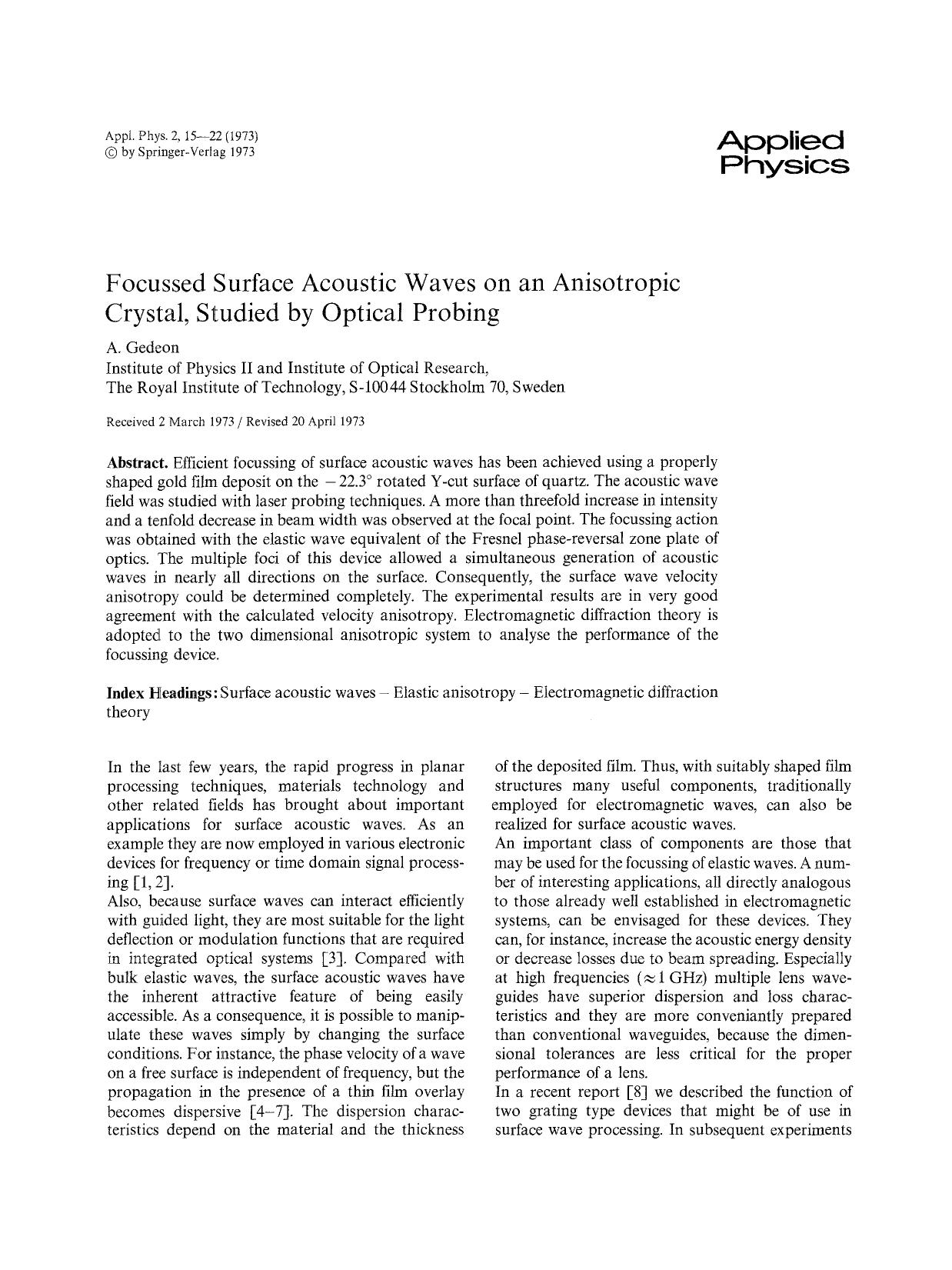 Focussed surface acoustic waves on an anisotropic crystal, studied by optical probing by Unknown