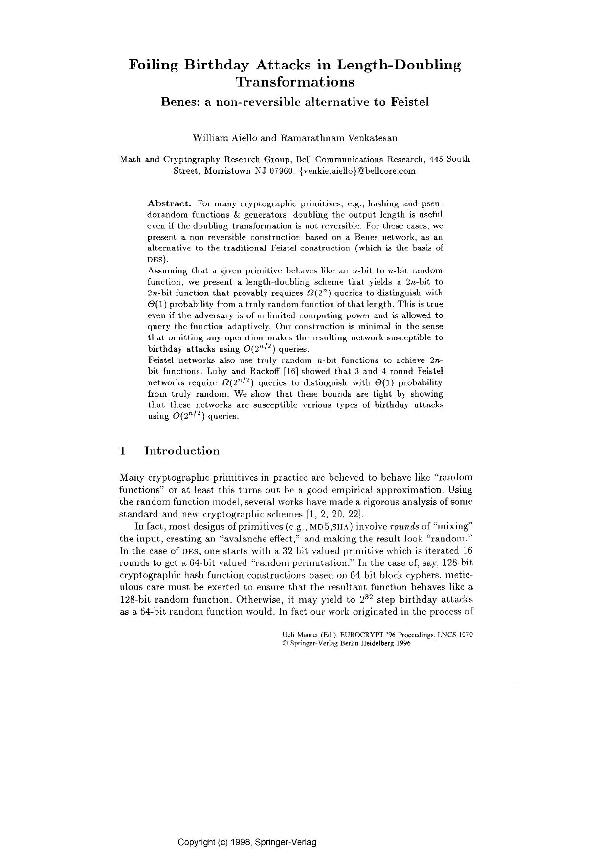 Foiling birthday attacks in length-doubling transformations by Aiello W. & Venkatesan R
