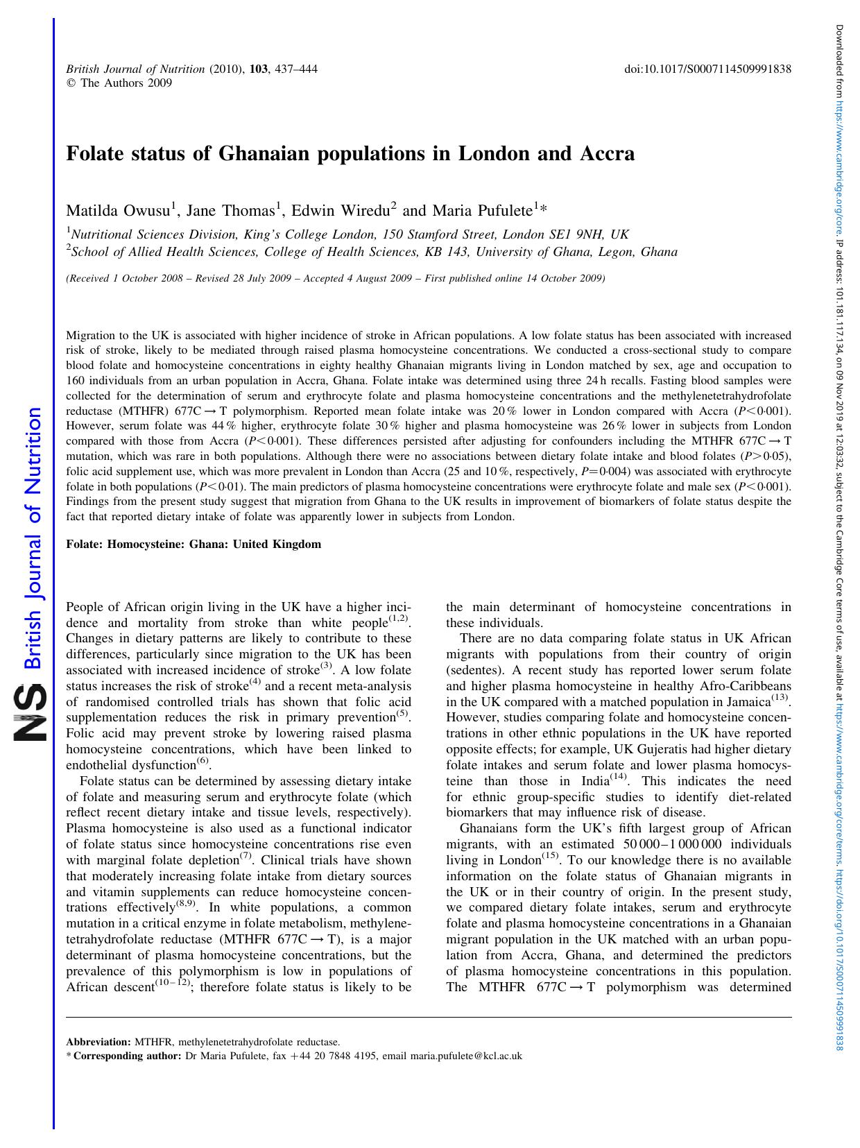 Folate status of Ghanaian populations in London and Accra by Matilda Owusu Jane Thomas Edwin Wiredu Maria Pufulete