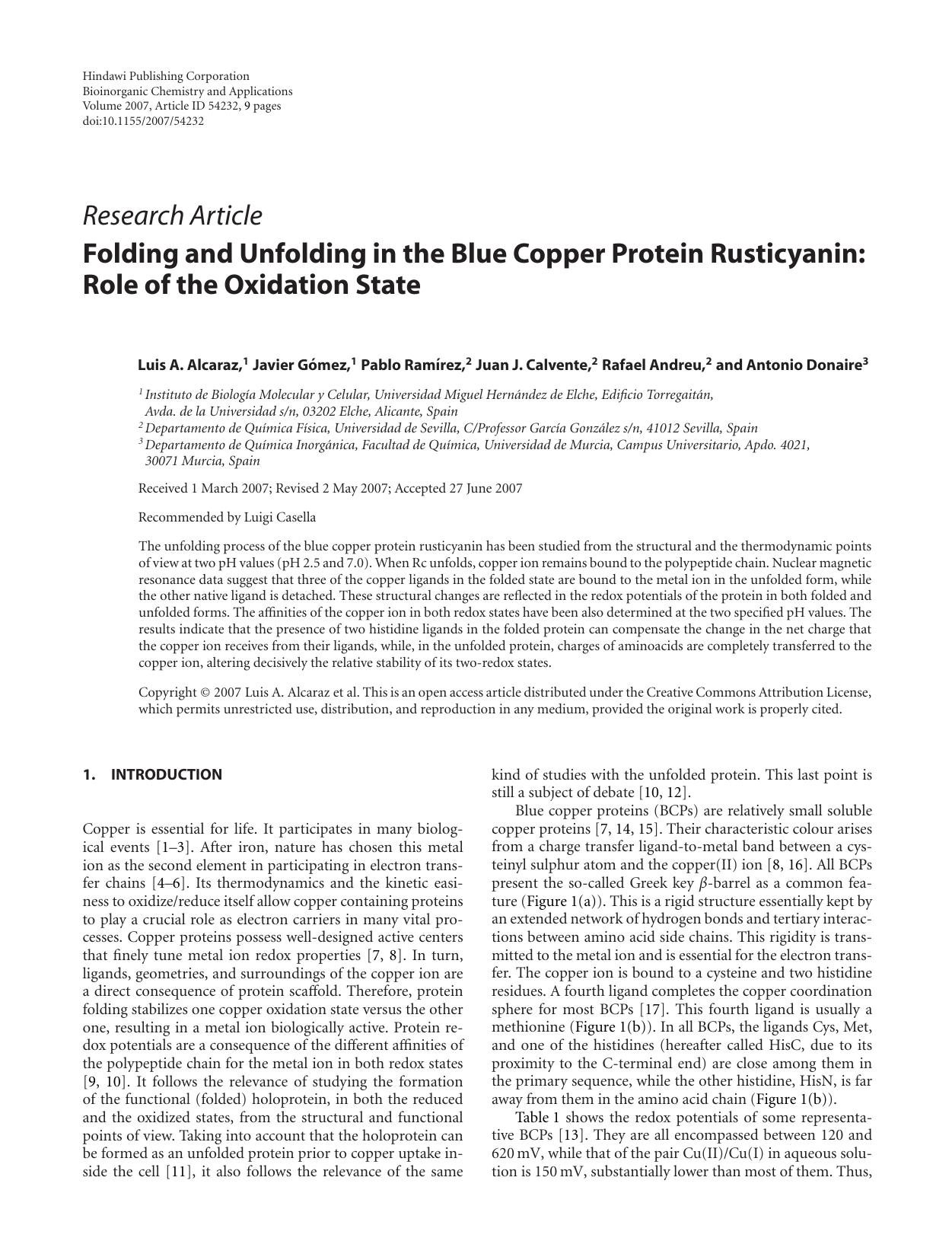 Folding and Unfolding in the Blue Copper Protein Rusticyanin: Role of the Oxidation State by Luis A. Alcaraz et al