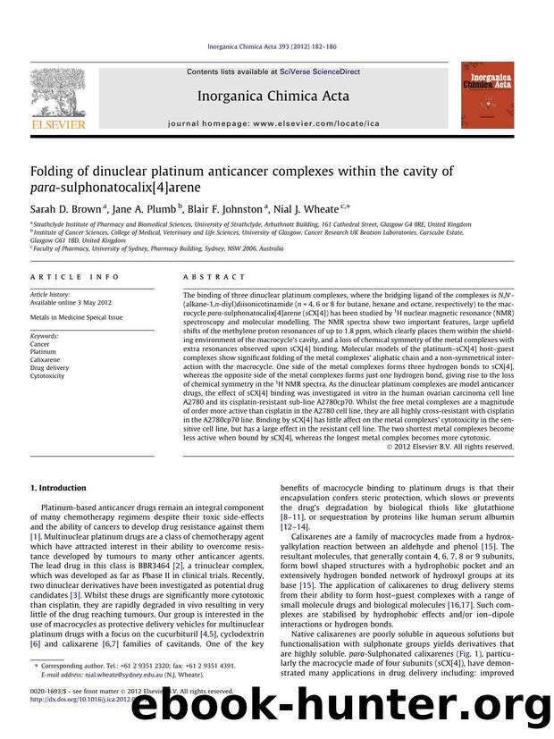 Folding of dinuclear platinum anticancer complexes within the cavity of para-sulphonatocalix[4]arene by Sarah D. Brown & Jane A. Plumb & Blair F. Johnston & Nial J. Wheate