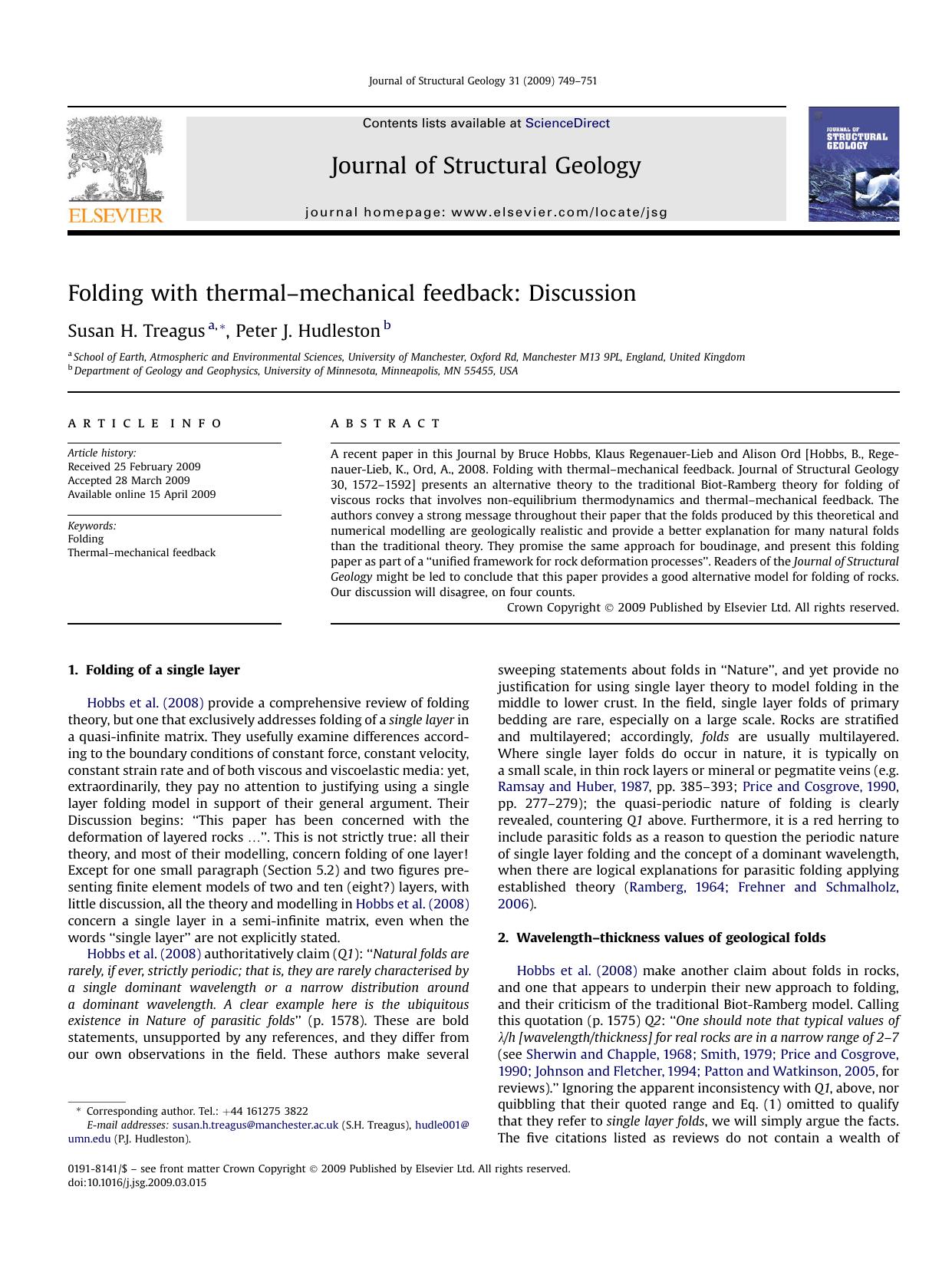 Folding with thermal-mechanical feedback: Discussion by Susan H. Treagus; Peter J. Hudleston