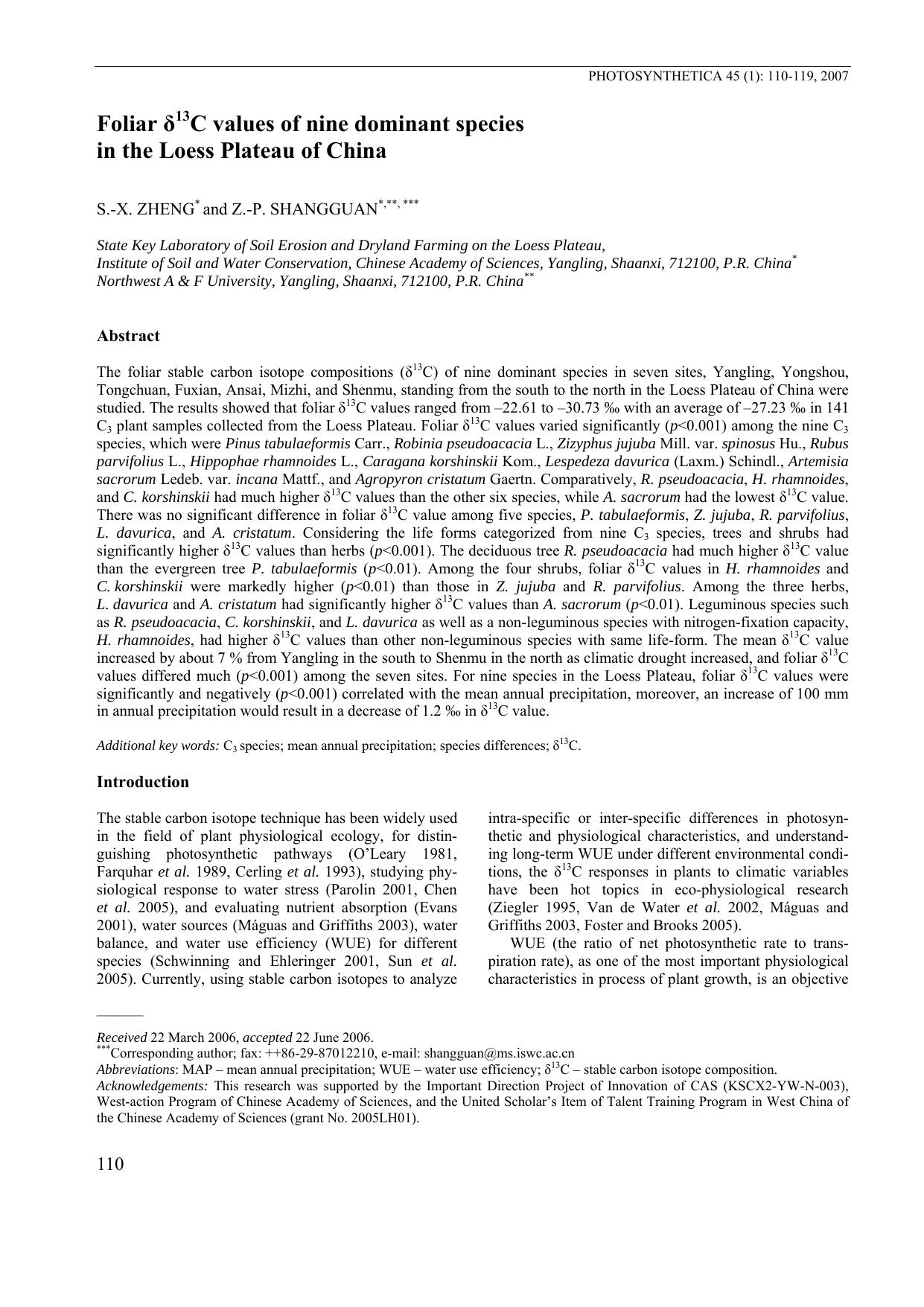 Foliar &#x03B4;<Superscript>13<Superscript>C values of nine dominant species in the Loess Plateau of China by Unknown