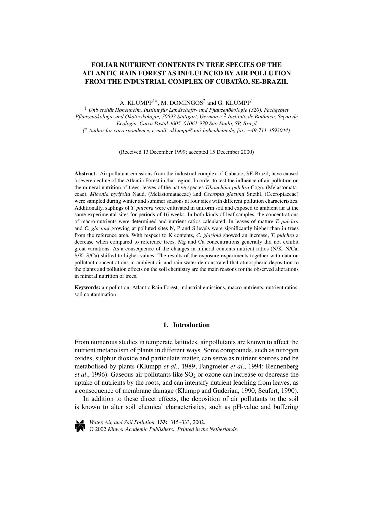 Foliar Nutrient Contents in Tree Species of the Atlantic Rain Forest as Influenced by Air Pollution from the Industrial Complex of Cubatão, SE-Brazil by Unknown