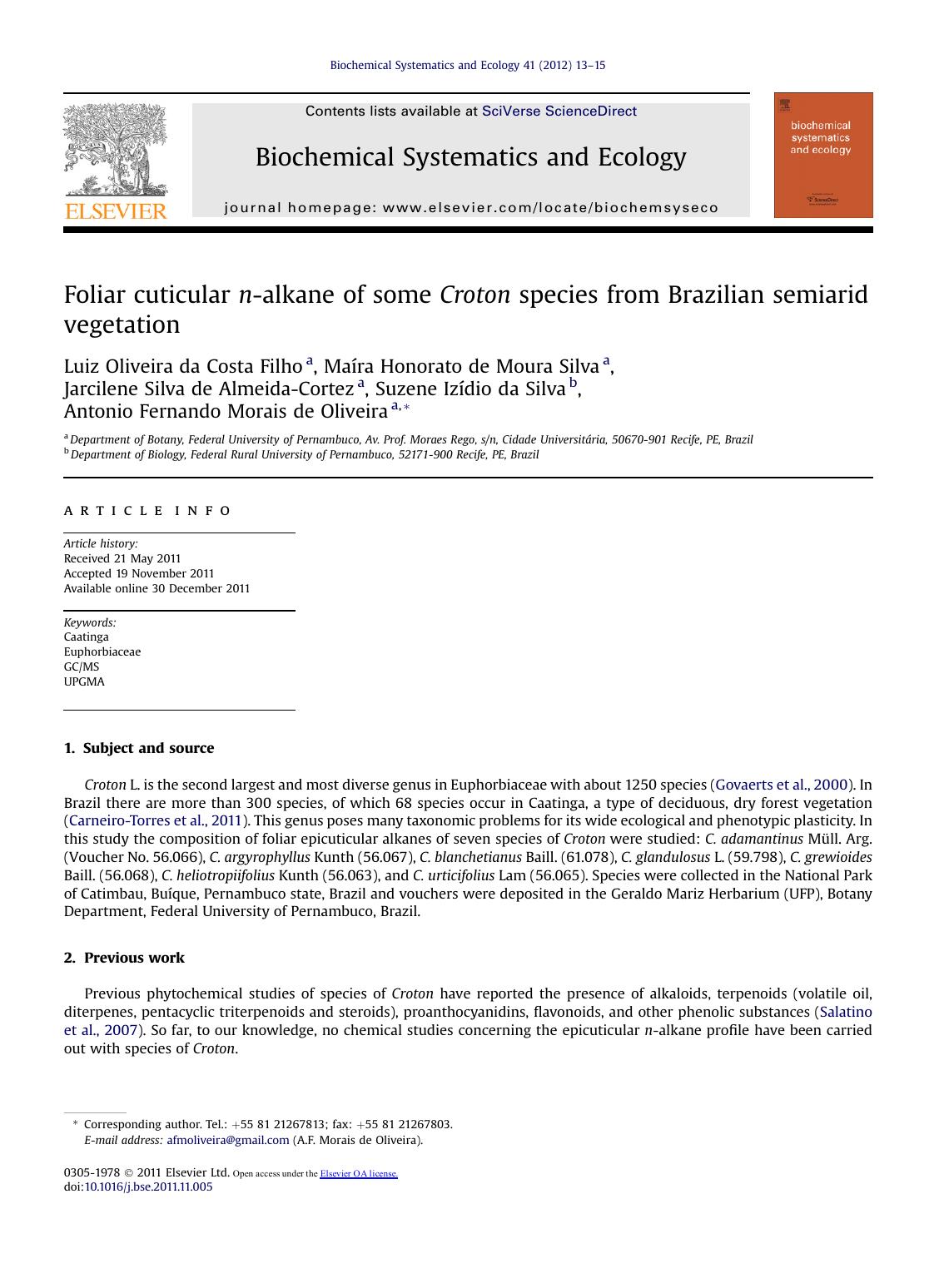Foliar cuticular n-alkane of some Croton species from Brazilian semiarid vegetation by unknow