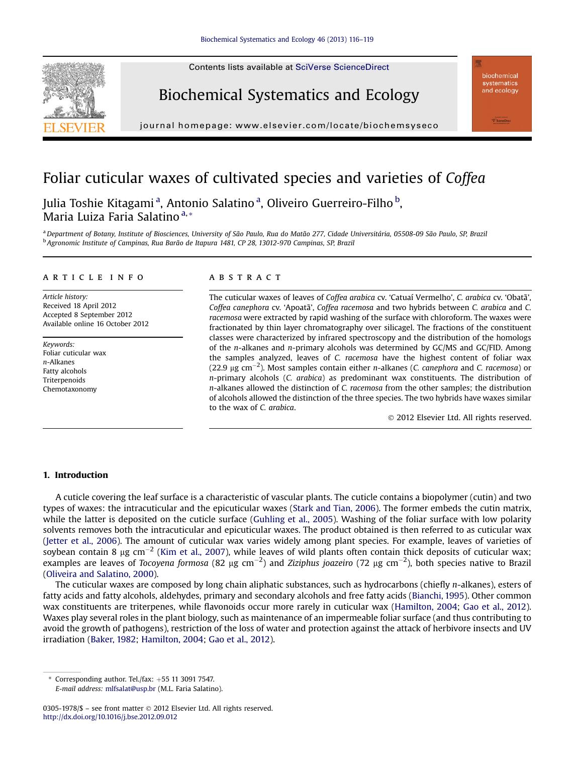 Foliar cuticular waxes of cultivated species and varieties of Coffea by Julia Toshie Kitagami & Antonio Salatino & Oliveiro Guerreiro-Filho & Maria Luiza Faria Salatino