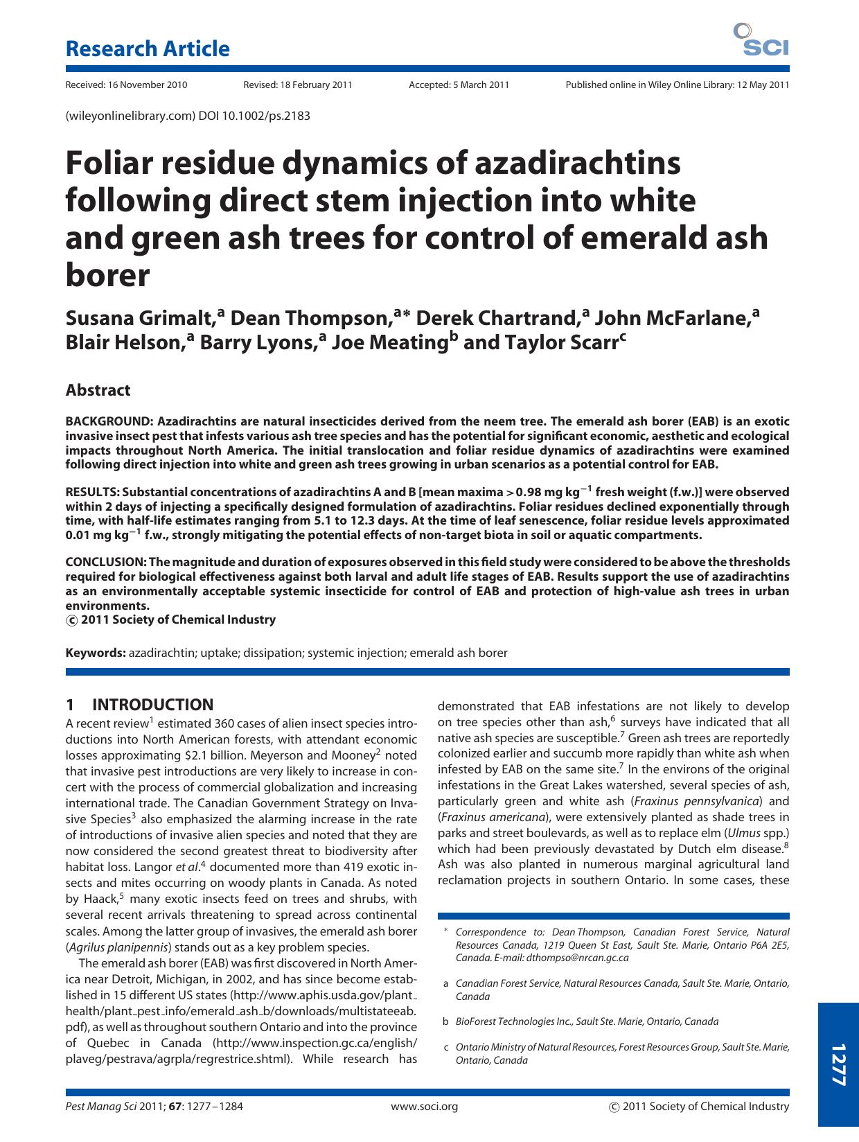 Foliar residue dynamics of azadirachtins following direct stem injection into white and green ash trees for control of emerald ash borer by Unknown