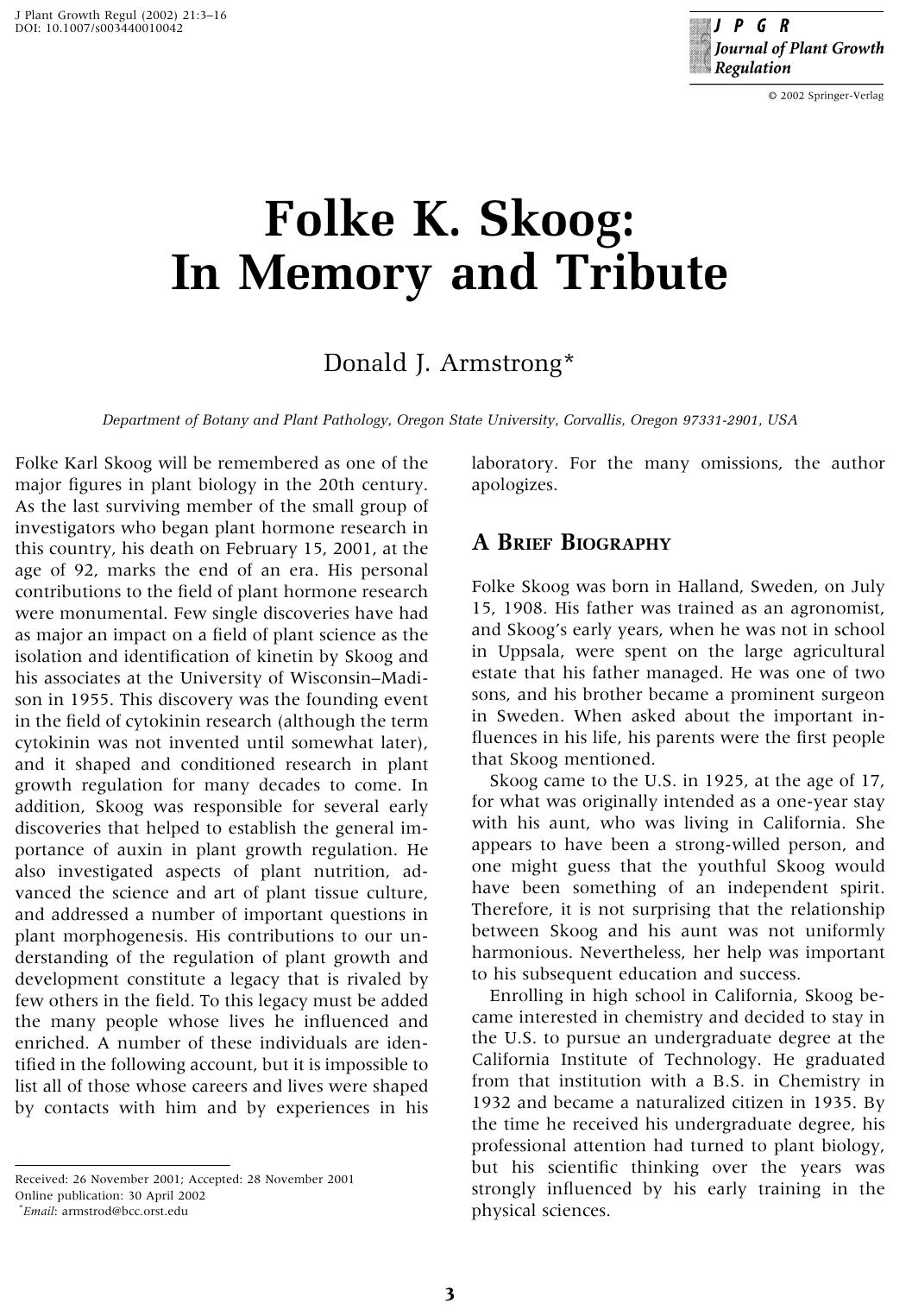 Folke K. Skoog: In Memory and Tribute by Armstrong D.J