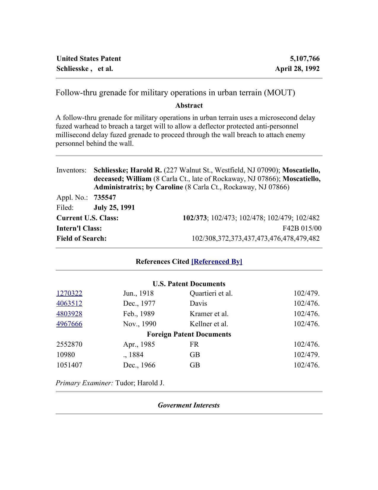 Follow-Thru Grenade for Military Operations on Urbanized Terrain (MOUT) by US Patent 5107766