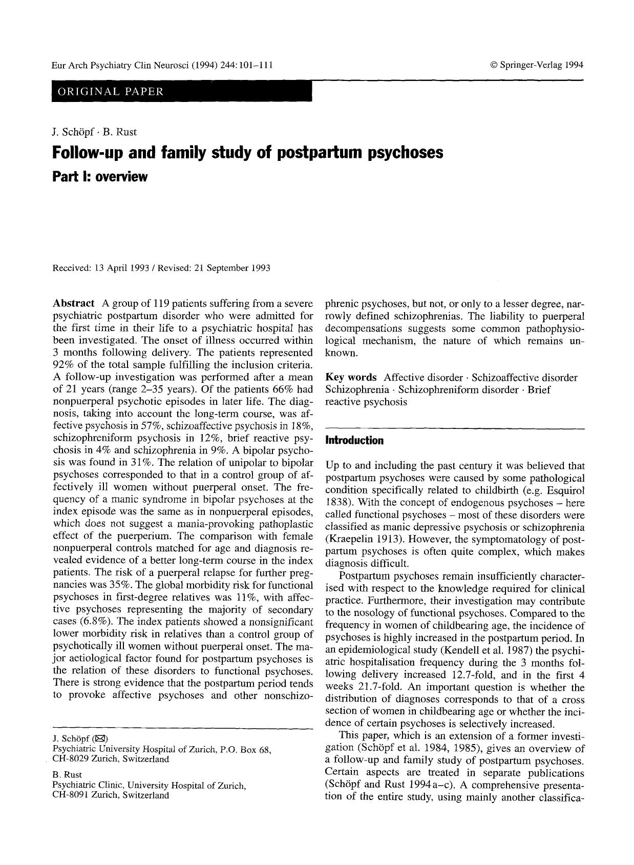 Follow-up and family study of postpartum psychoses Part I: Overview by Unknown