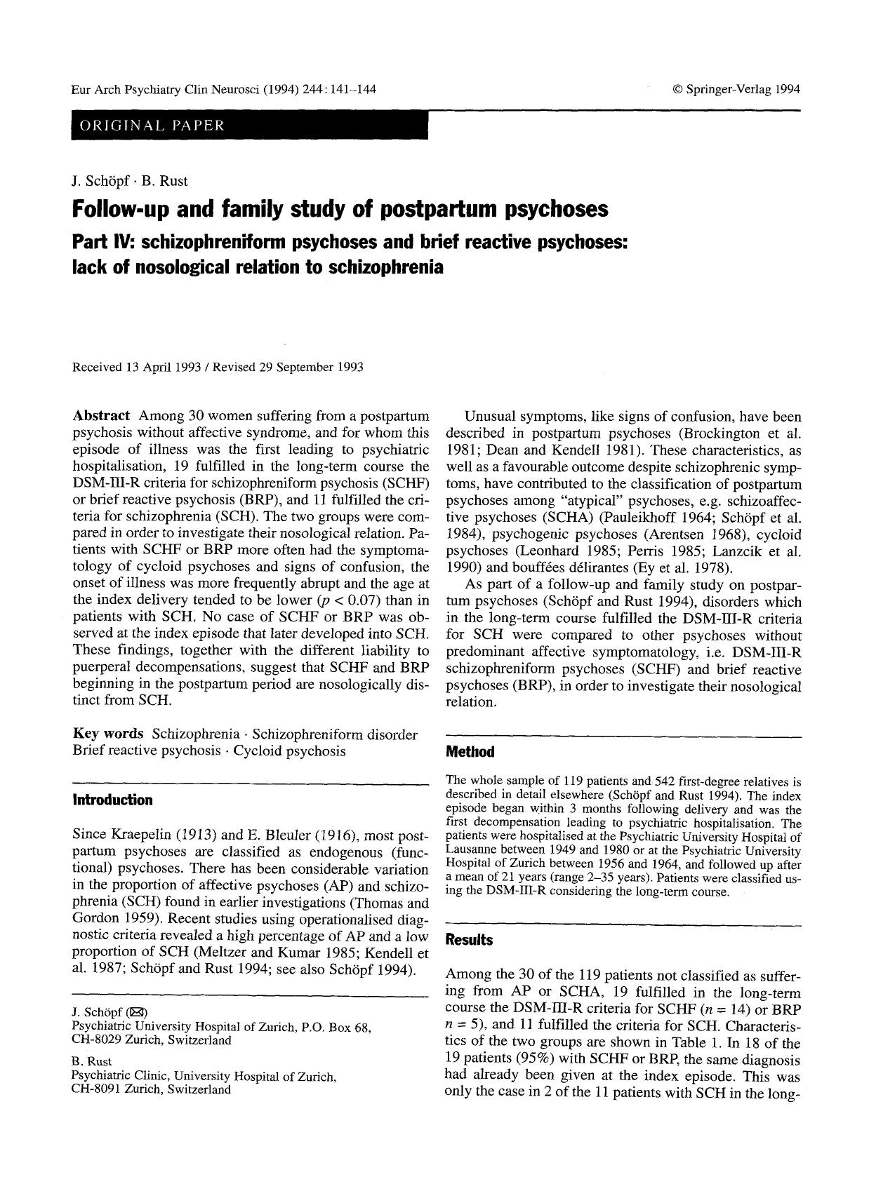 Follow-up and family study of postpartum psychoses by Unknown