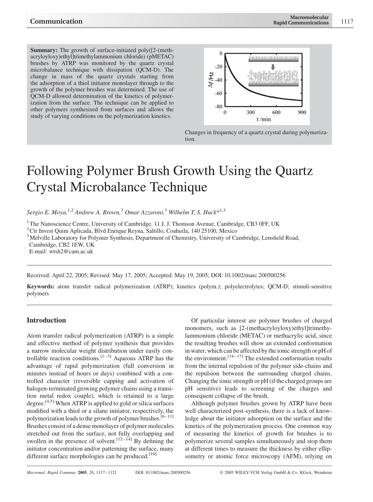 Following Polymer Brush Growth Using the Quartz Crystal Microbalance Technique by Unknown