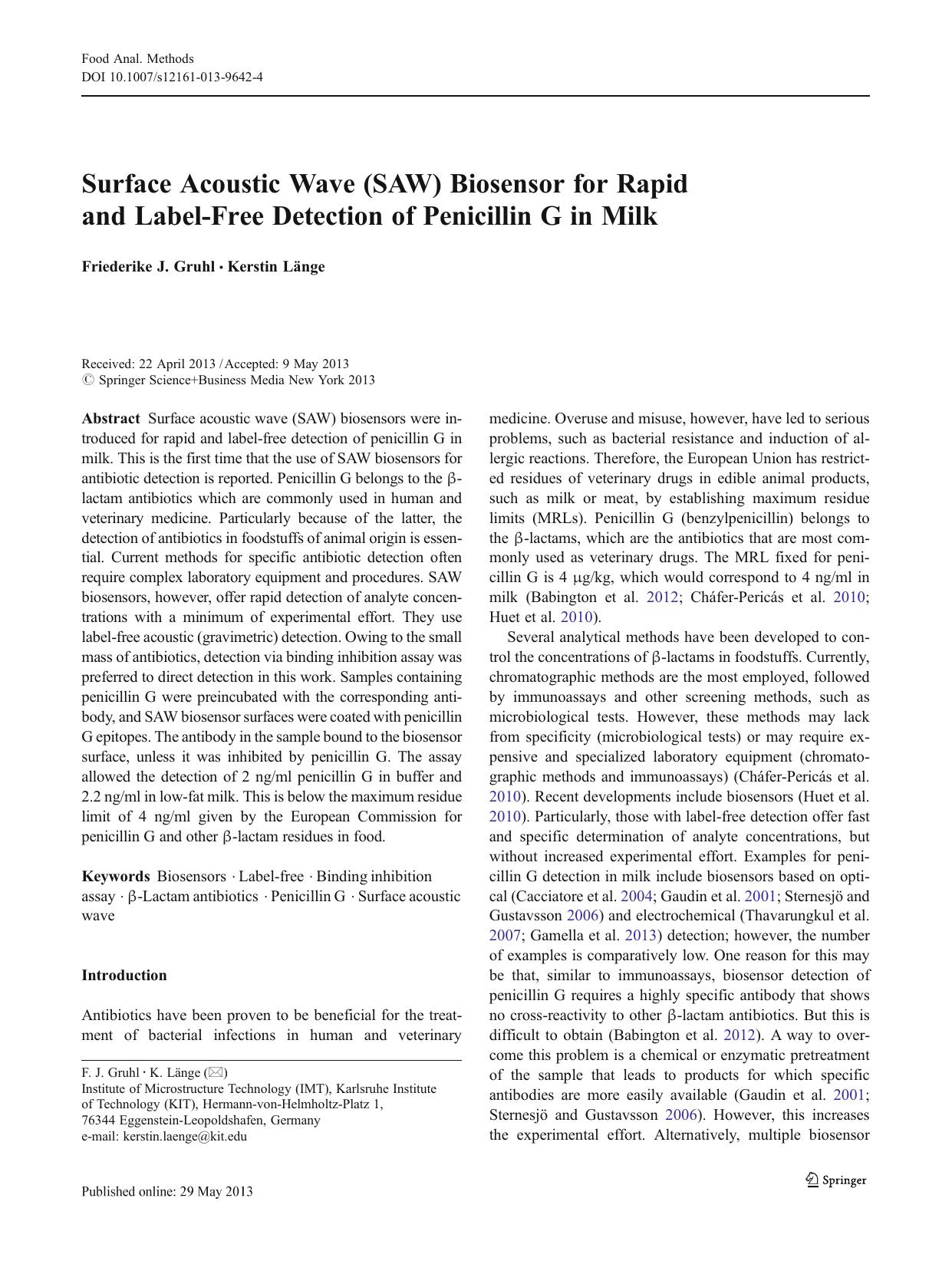 Food Anal Meth Vol Online First Articles iss [doi 10.1007s12161-013-9642-4] Friederike J. Gruhl, Kerstin LÂ¤nge -- Surface Acoustic Wave (SAW) Biosensor for Rapid .pdf by Unknown